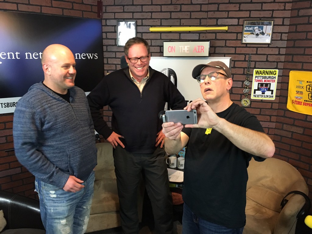 YaJagoff! Co-host John Chamberlin (Right) takes a selfie with co-host Craig Tumas (Left) and guest Professor Buzzkill (Center)