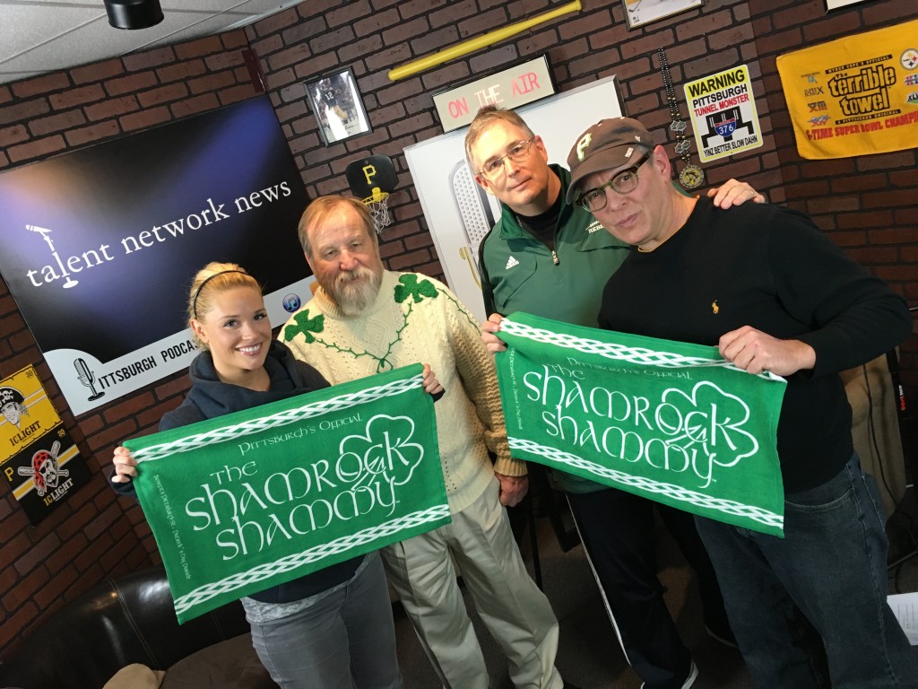 L to R: Guest & Substitute co-host Jackie Cain of WTAE-TV, "St. Patrick" Rich O'Malley, Tim O'Brien of O'Brien Communications, and YaJagoff! co-host John Chamberlin