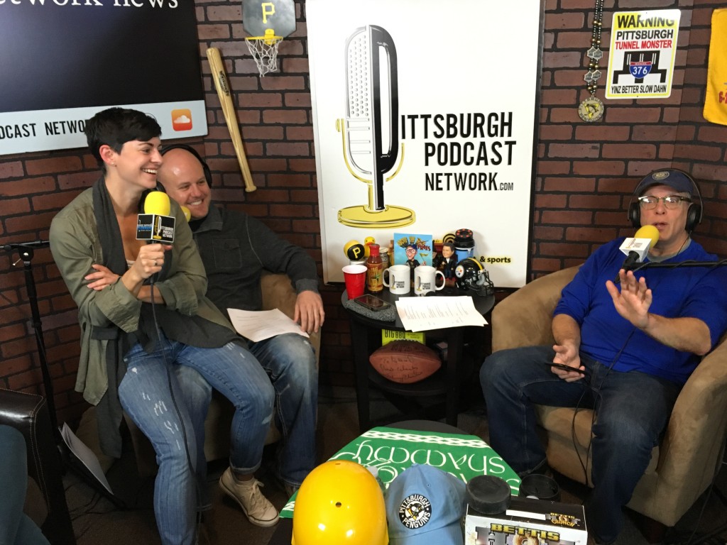 YaJagoff! co-hosts John Chamberlin (right) and Craig Tumas (left) are joined by Tori Mistick (far left) of WearWagRepeat.com during an alleged lack of seating in the studio...