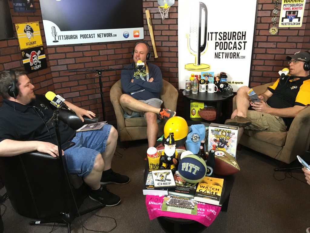Douglas Derda (left) from the "Should I Drink That?" Podcast talks Pittsburgh Craft Beer Week with YaJagoff! co-hosts John Chamberlin (right) and Craig Tumas (center).