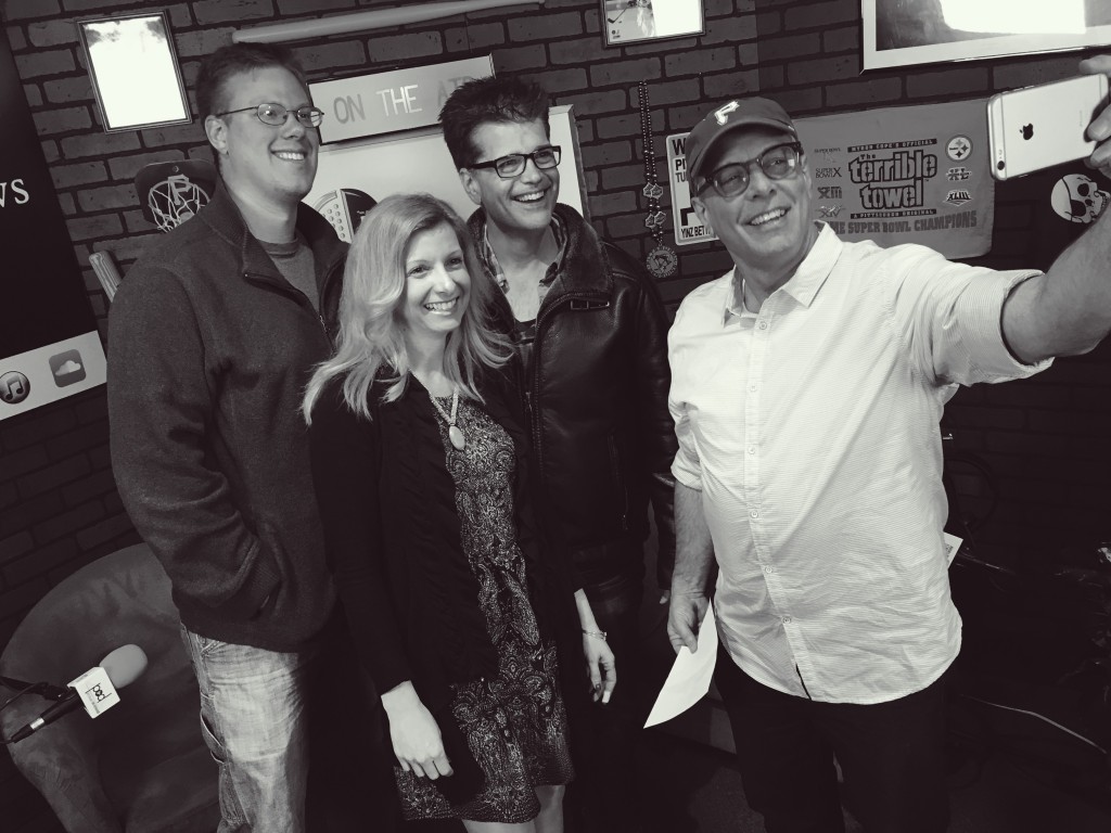 YaJagoff! co-host John Chamberlin (far right) takes a selfie with guests Chef Dan (far left), Terri Dowd (center left) and Robert Mangino (center right).