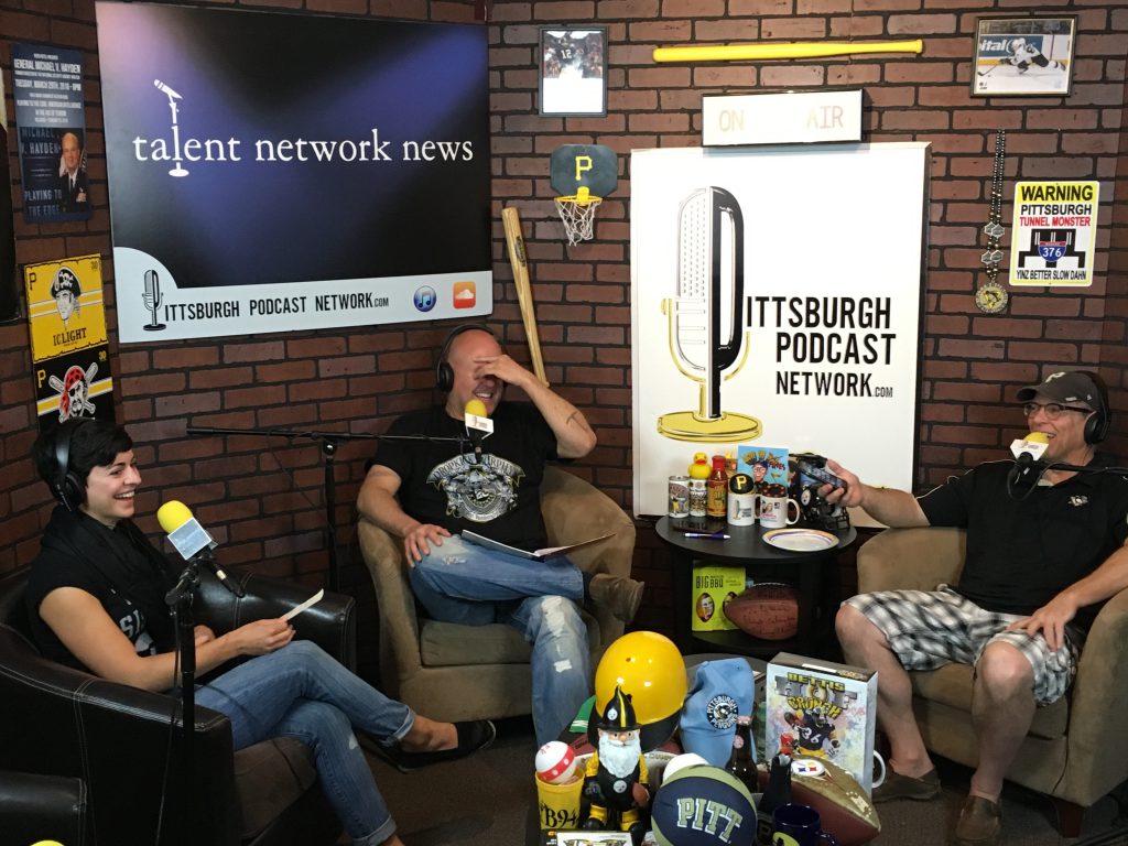 Tori Mistick (left) tells YaJagoff! co-hosts John Chamberlin (right) and Craig Tumas (center) about the Pittsburgh Marathon and "athleasure" wear...