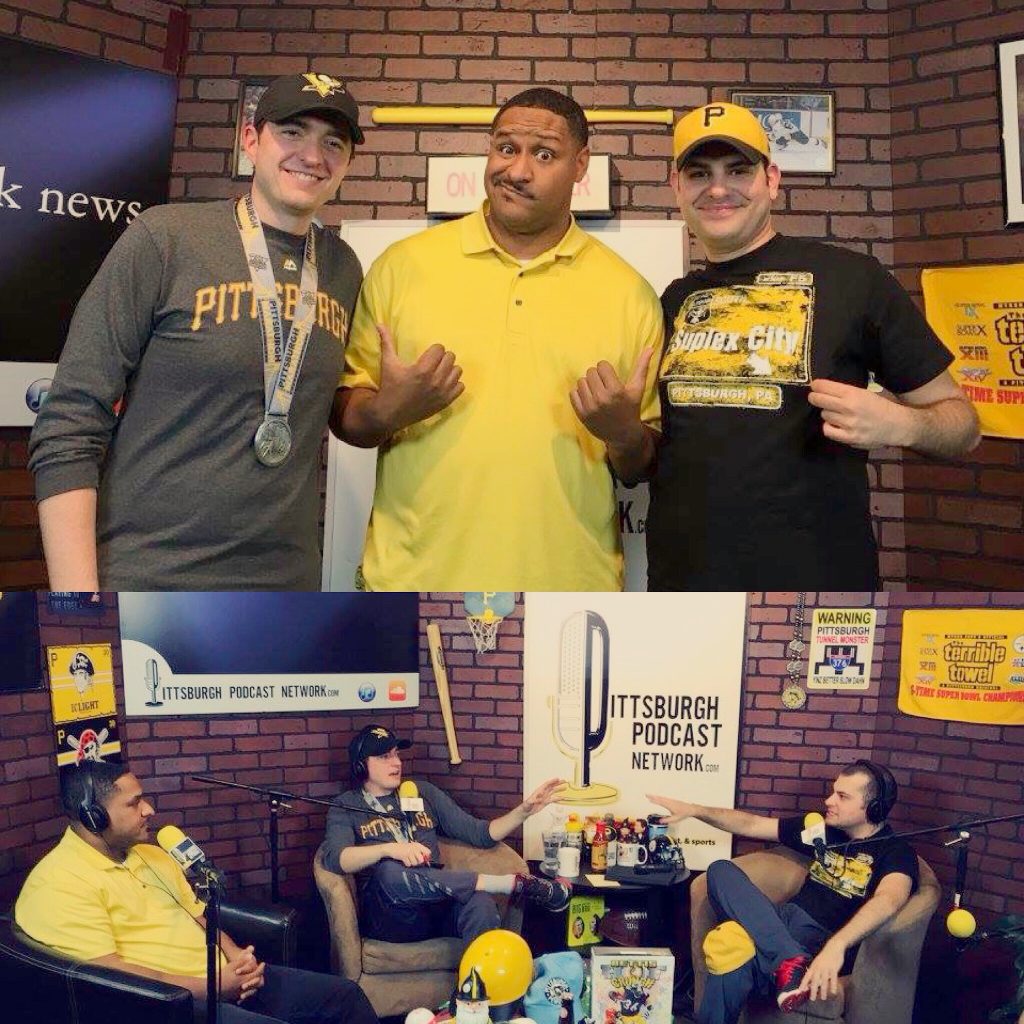 George "The Howitzer" Gerbo (top left) and Mike "The Buzz-saw" Asti (top right) get asinine with Josh Taylor (top center) of TribLiveRadio and KDKA-TV.