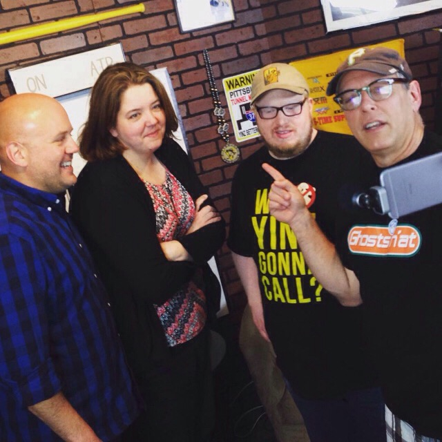 YaJagoff! co-hosts John Chamberlin (right) and Craig Tumas (left) take the post-show selfie with reporter Kim Lyons (center left) and local ghost hunter TJ Porfeli (center right).