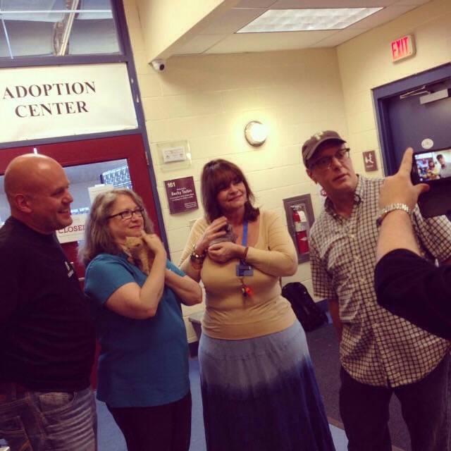 YaJagoff! co-hosts John Chamberlin (right) and Craig Tumas (left) are at the Western PA Humane Society with their Director of Government and Community Relations Mary Kennedy Withrow (center right) and pet massage therapist Raylene Hoover (center left) of Ur Critter Sitters.