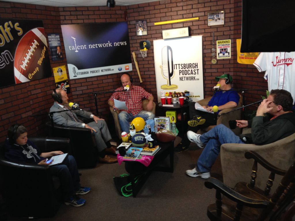 Taping Episode 21 with YaJagoff! co-hosts John Chamberlin (center right) and Craig Tumas (center), plus real estate agent Sean Kelly (center left), comedian John Knight (far right) and junior producer Jack Tumas (far left).