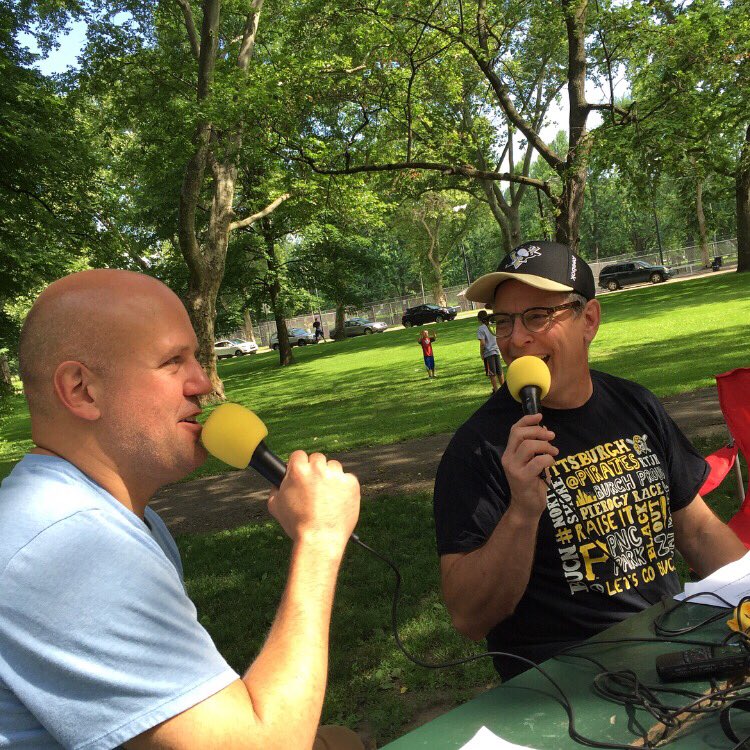 The YaJagoff! Podcast is on location in West Park on the North Side with co-hosts John Chamberlin (right) and Craig Tumas (left).