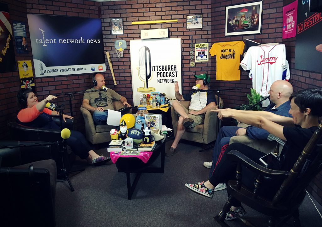 L to R: "Denise Schuster" tells Craig Tumas and John Chamberlin about the "Meat Stick From Hell" as comedian Gab Bonesso and Chef Donato Coluccio wait to come on the show