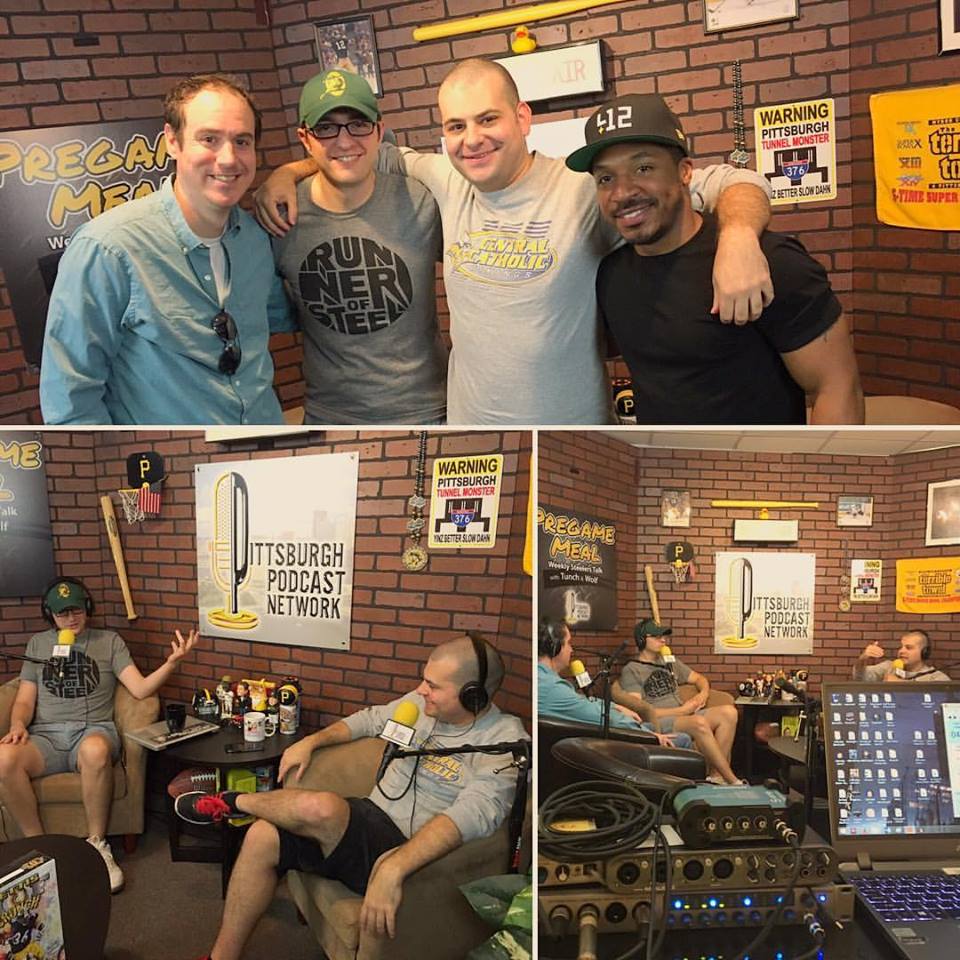Top (L to R): Neal Coolong, George Gerbo, Mike Asti, Eugene Jarvis. Bottom Right: View from the producer's chair as Neal Coolong on USA Today discusses the NFL on HBS. Bottom Left: George Gerbo and Mike Asti get asinine in the PPN studio.