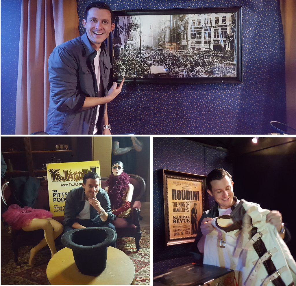 Clockwise: Magician Lee Terbosic with the photo of Harry Houdini's escape stunt at Wood St. & Liberty Ave. in 1916 Pittsburgh; Lee holds p the straight jacket he's using to recreate Houdini's escape on the 100th anniversary; Lee Terbosic in the Imaginarium's Magician Room.